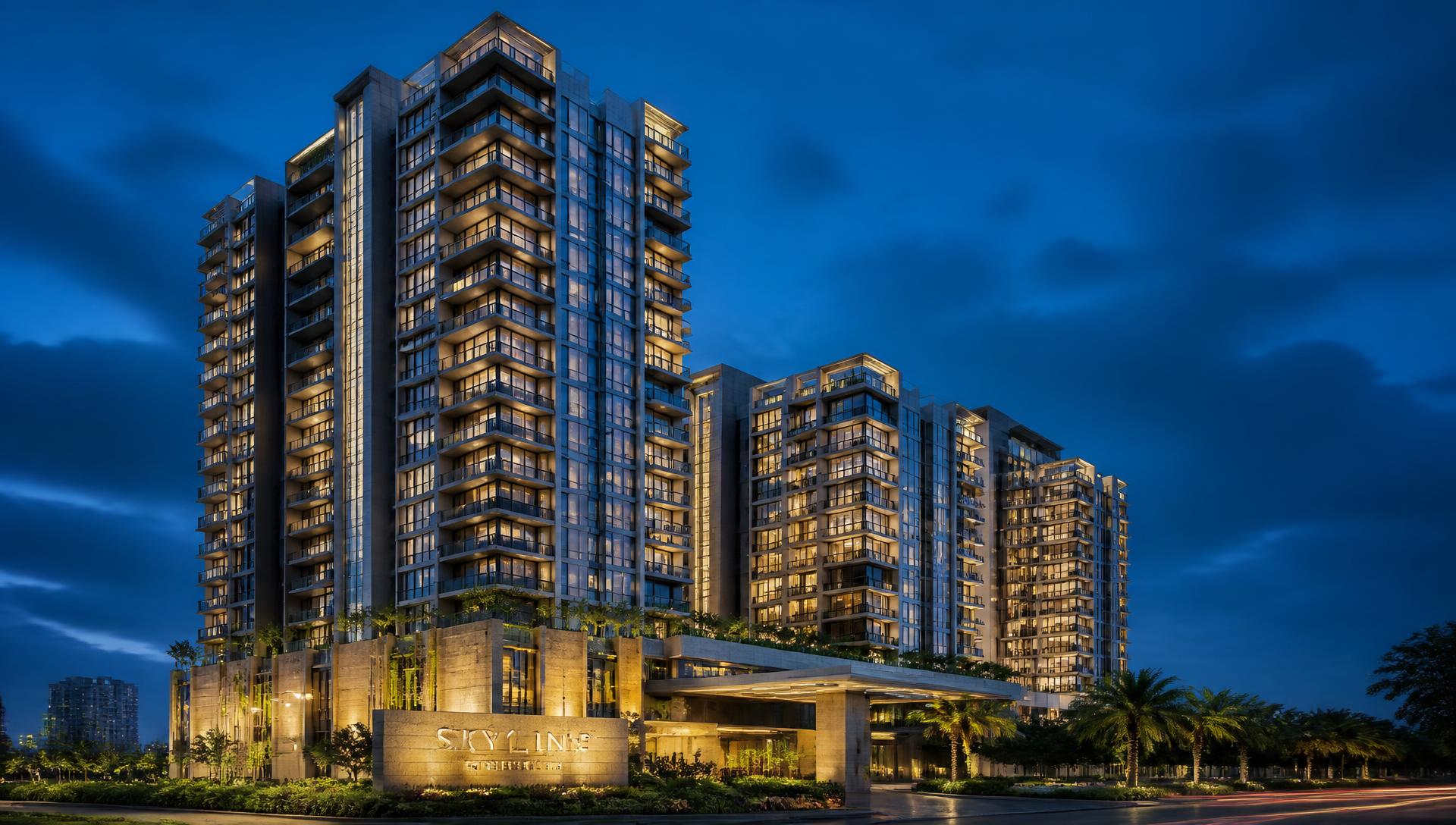 Premium residential towers managed by PropAdmin.in at blue hour